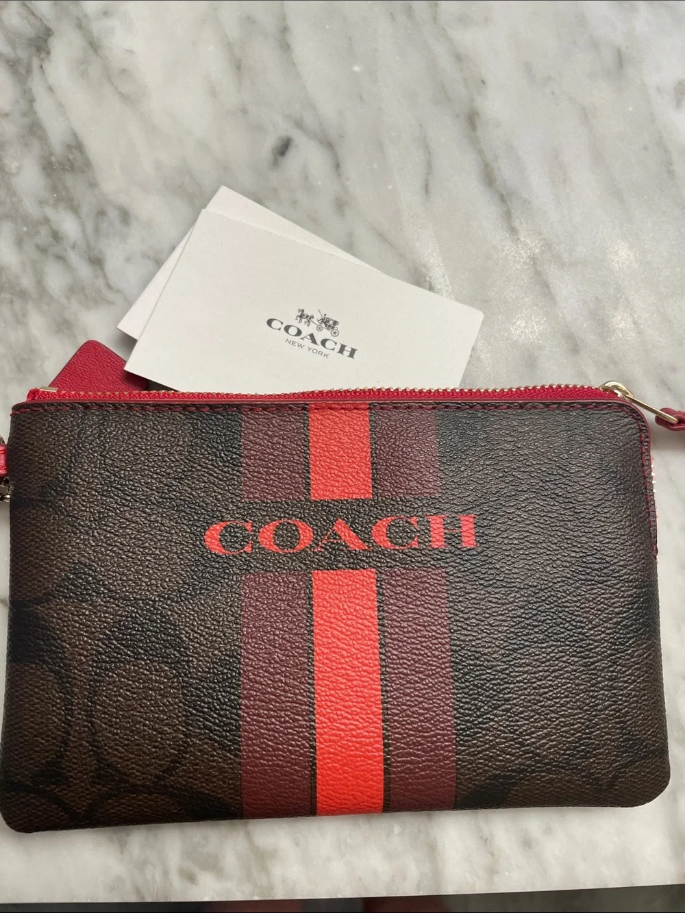 Sharp Coach Brown and Red Signature Wristlet with Red Stripe and Red Strap